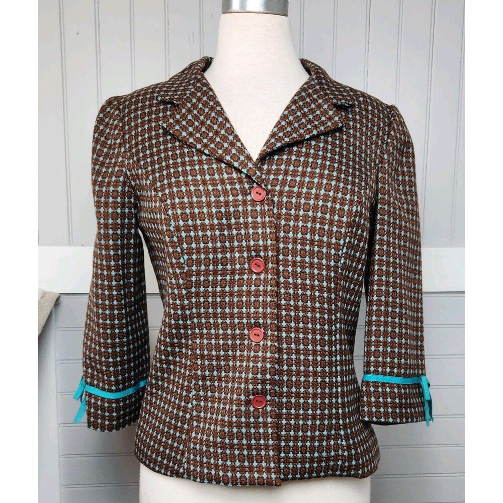 Sangria Vintage-Style Blazer Womens 8 Brown/Turquoise 3/4 Sleeve Bow Woven Chic